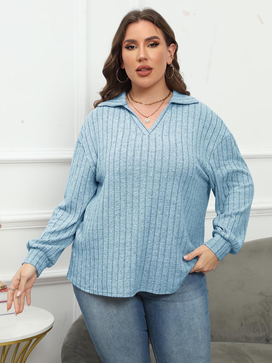Plus Size Ribbed Collared Neck Long Sleeve Blouse - The Goddess Galleries