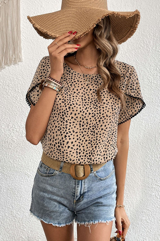 Perfee Printed Pom Pom Detail Petal Sleeve Round Neck Blouse - The Goddess Galleries
