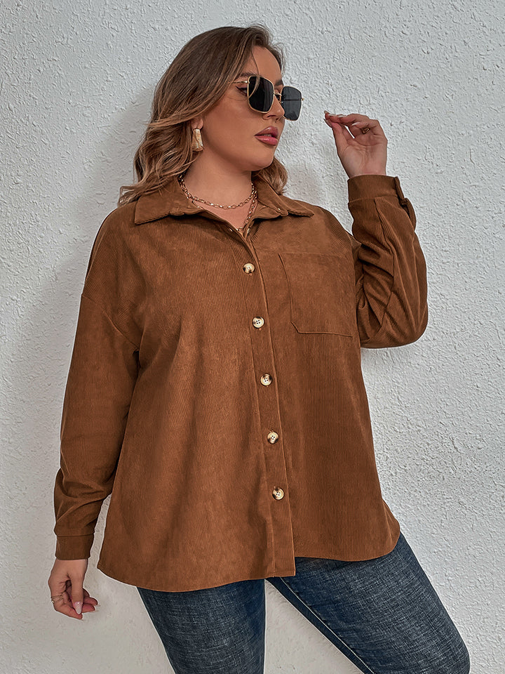 Honey Plus Size Collared Neck Long Sleeve Shirt - The Goddess Galleries