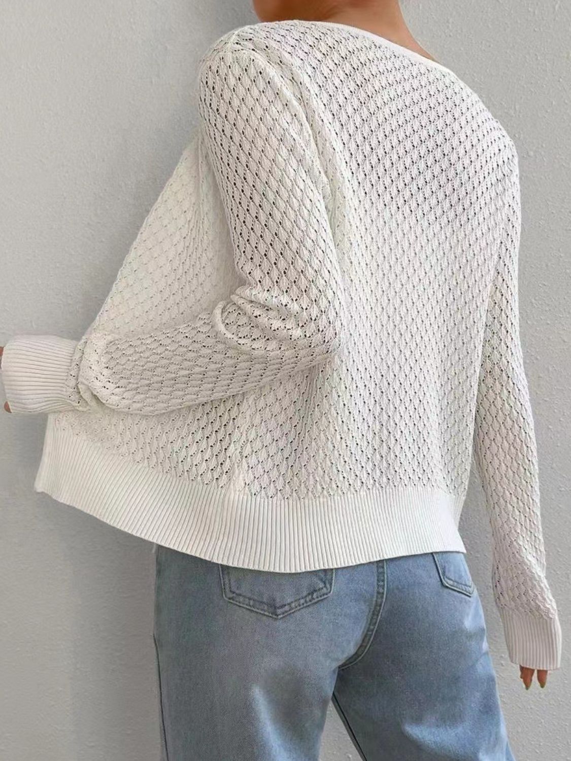 Tied Openwork V-Neck Long Sleeve Cardigan - The Goddess Galleries