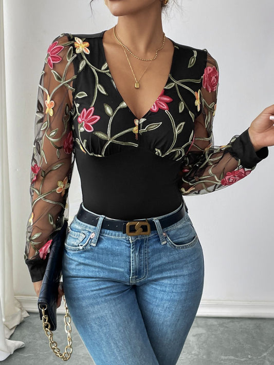 Perfee Embroidered V-Neck Long Sleeve Bodysuit - The Goddess Galleries