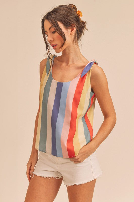 Aemi + Co Contrast Striped Scoop Neck Tie Shoulder Tank - The Goddess Galleries
