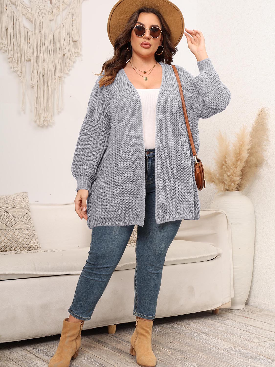 Plus Size Open Front Dropped Shoulder Knit Cardigan - The Goddess Galleries