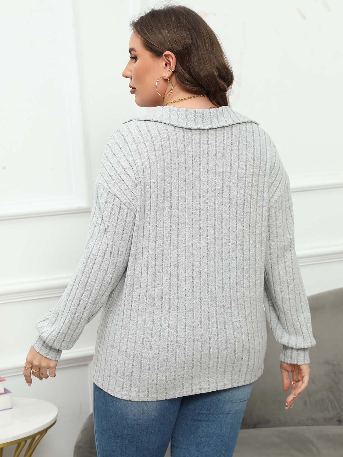 Plus Size Ribbed Collared Neck Long Sleeve Blouse - The Goddess Galleries
