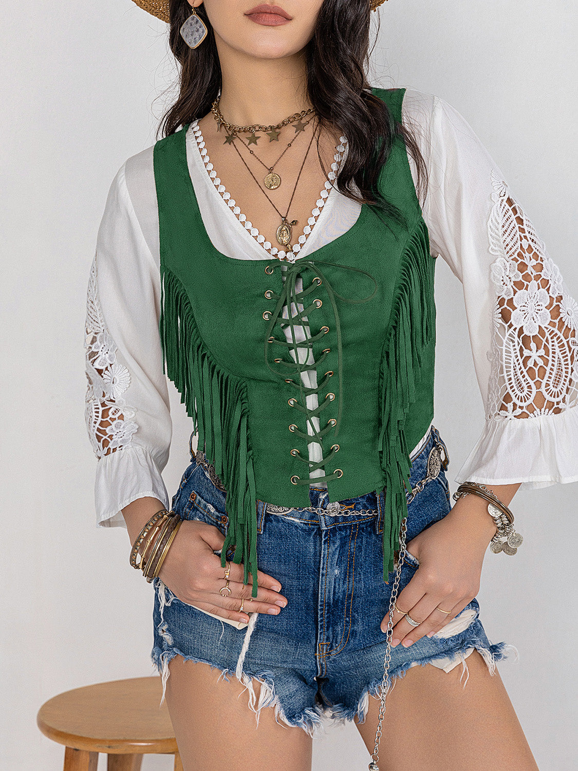 Fringe Lace-Up Wide Strap Tank - The Goddess Galleries