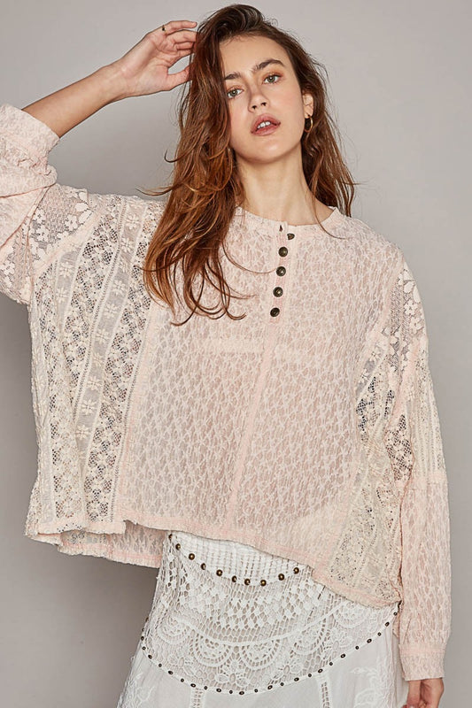POL Round Neck Long Sleeve Raw Edge Lace Top - The Goddess Galleries