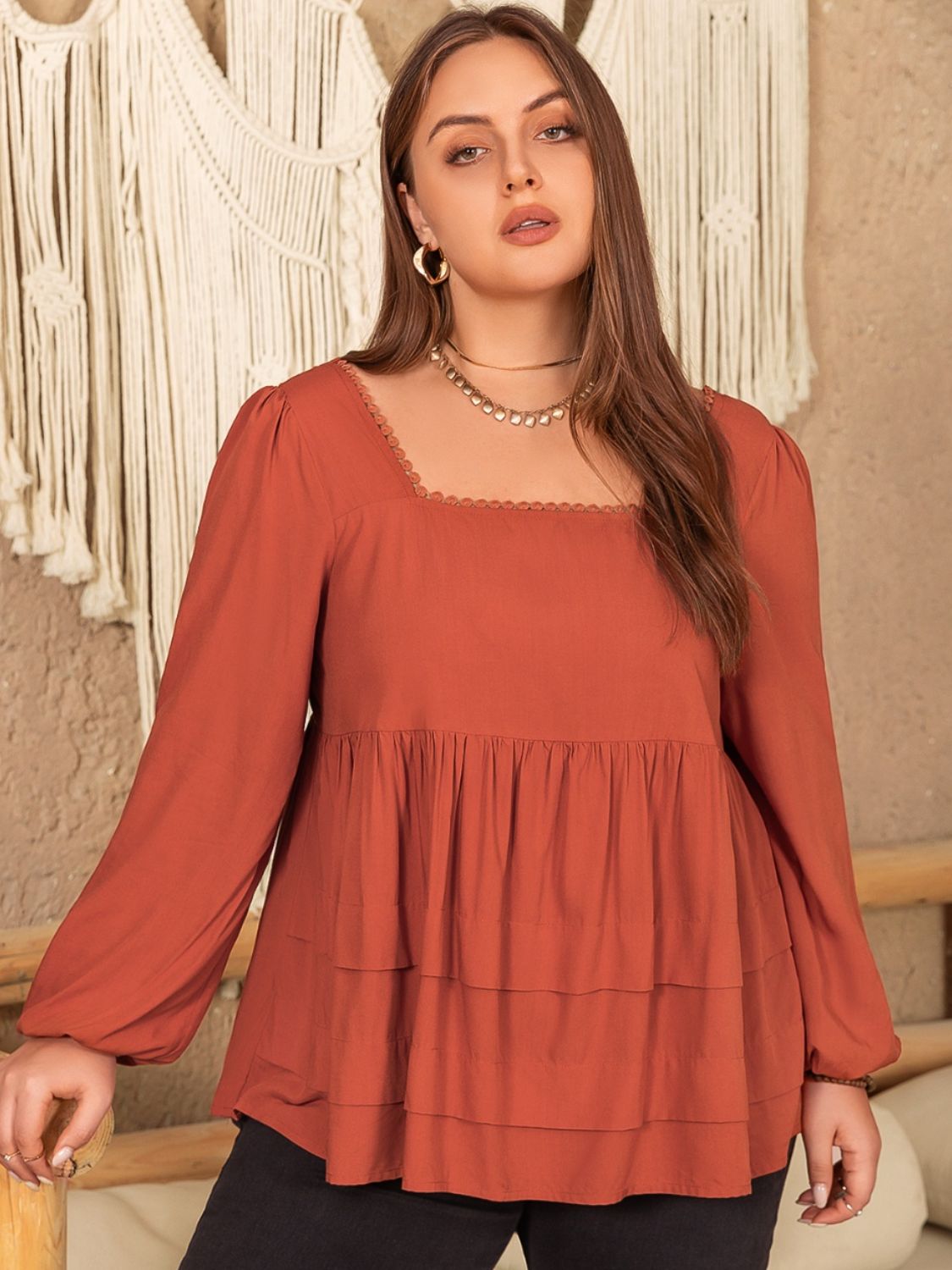 Plus Size Lace Detail Square Neck Long Sleeve Blouse - The Goddess Galleries