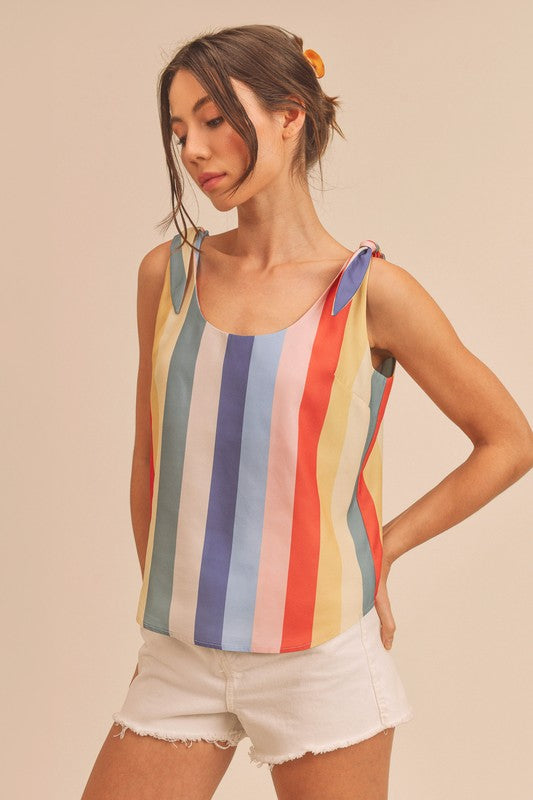Aemi + Co Contrast Striped Scoop Neck Tie Shoulder Tank - The Goddess Galleries