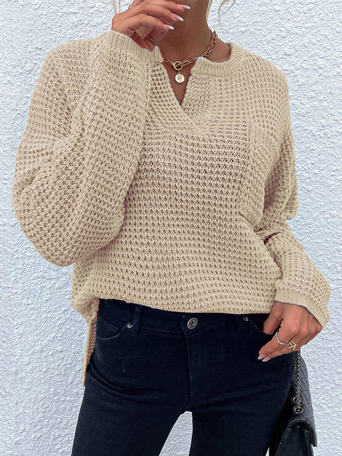 Notched Long Sleeve Sweater - The Goddess Galleries
