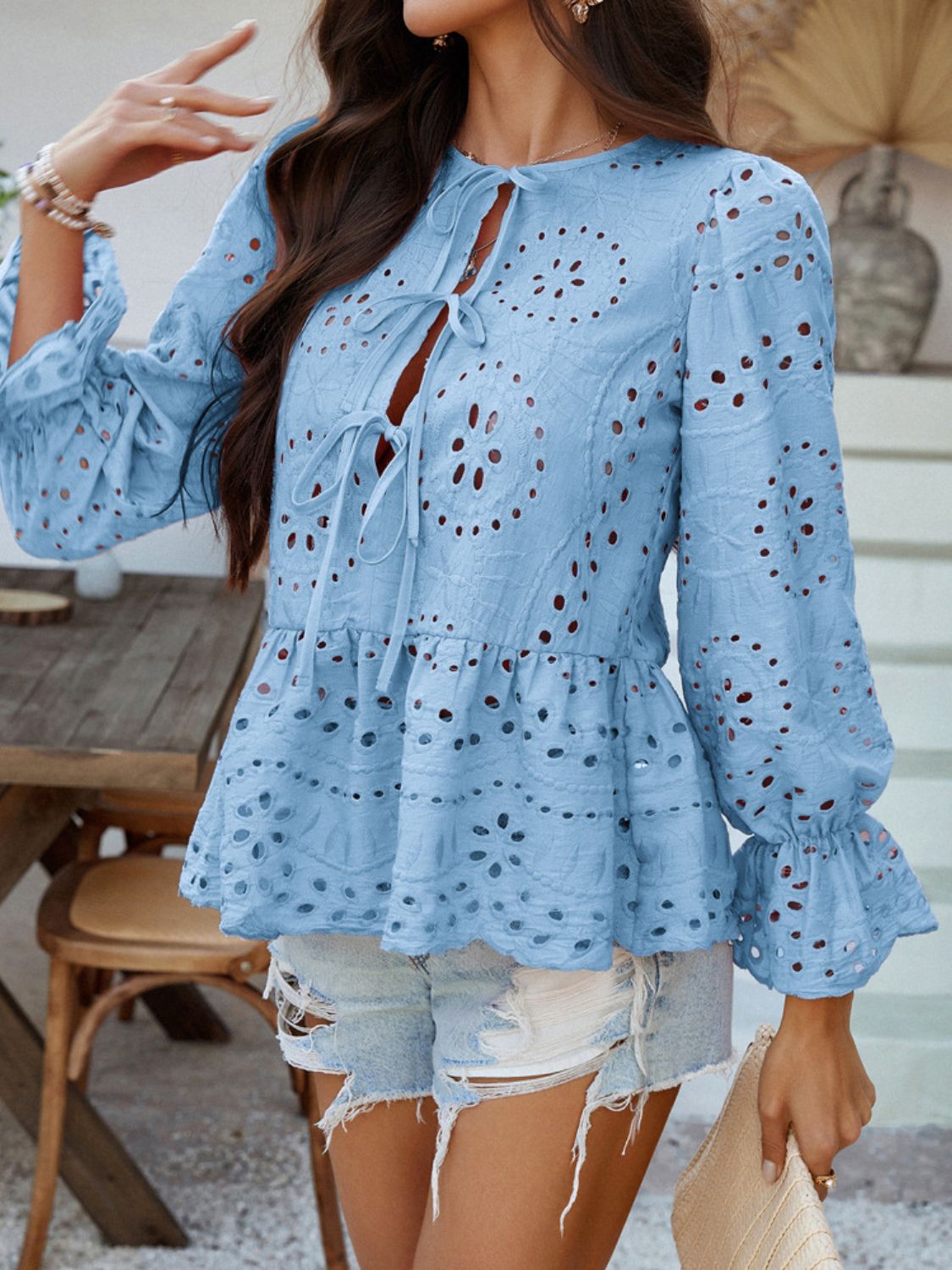 Devine Tie Front Flounce Sleeve Peplum Blouse - The Goddess Galleries