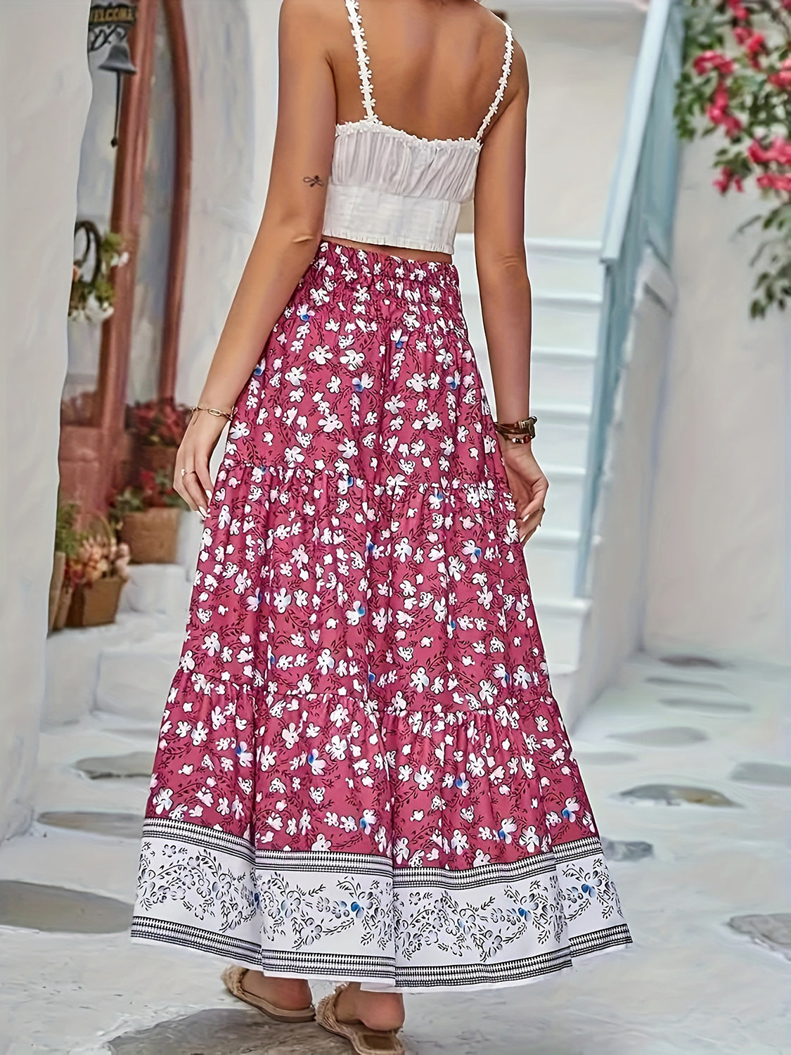 Full Size Tiered Printed Elastic Waist Skirt - The Goddess Galleries