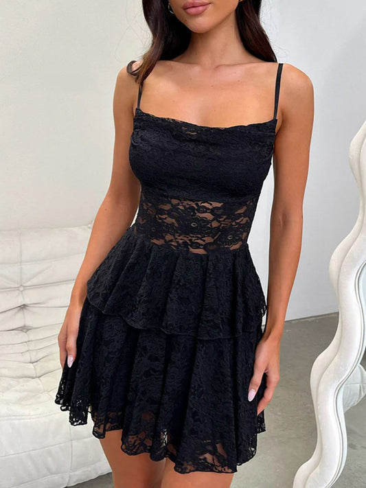 Devine Lace-Up Layered Lace Mini Cami Dress - The Goddess Galleries