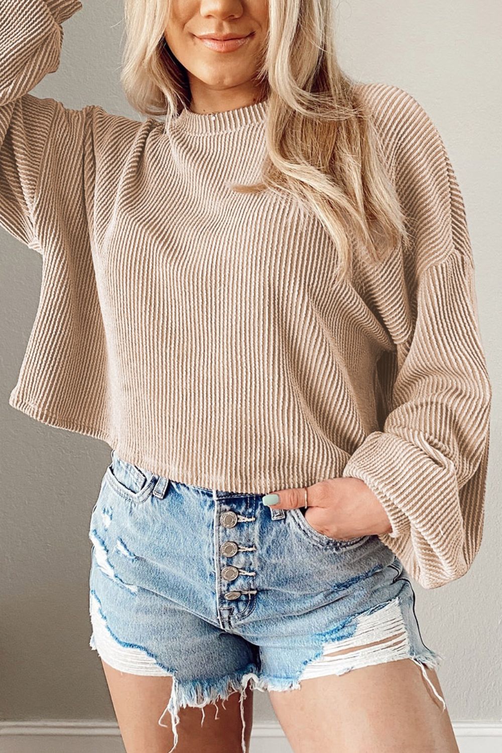 Round Neck Drop Shoulder Long Sleeve Top - The Goddess Galleries