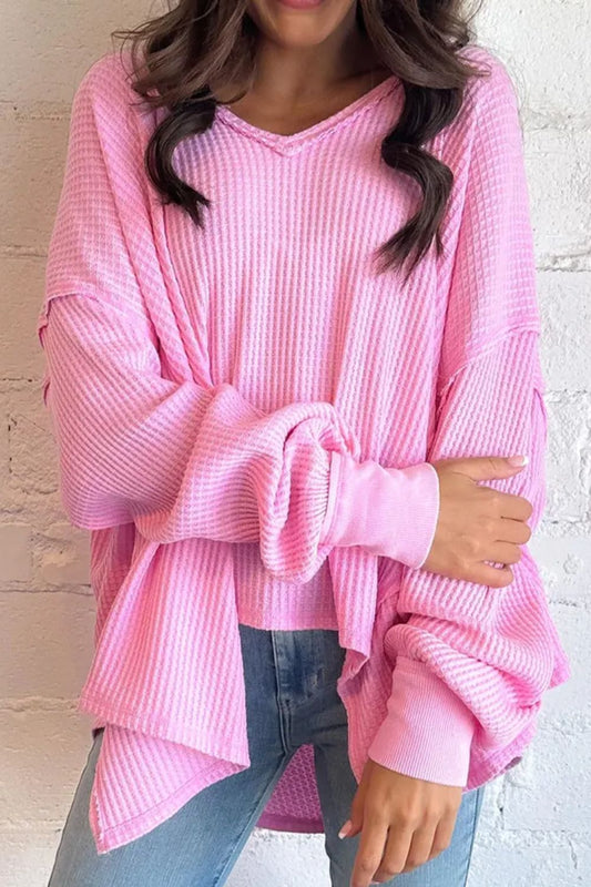 Waffle-Knit V-Neck Long Sleeve Blouse - The Goddess Galleries