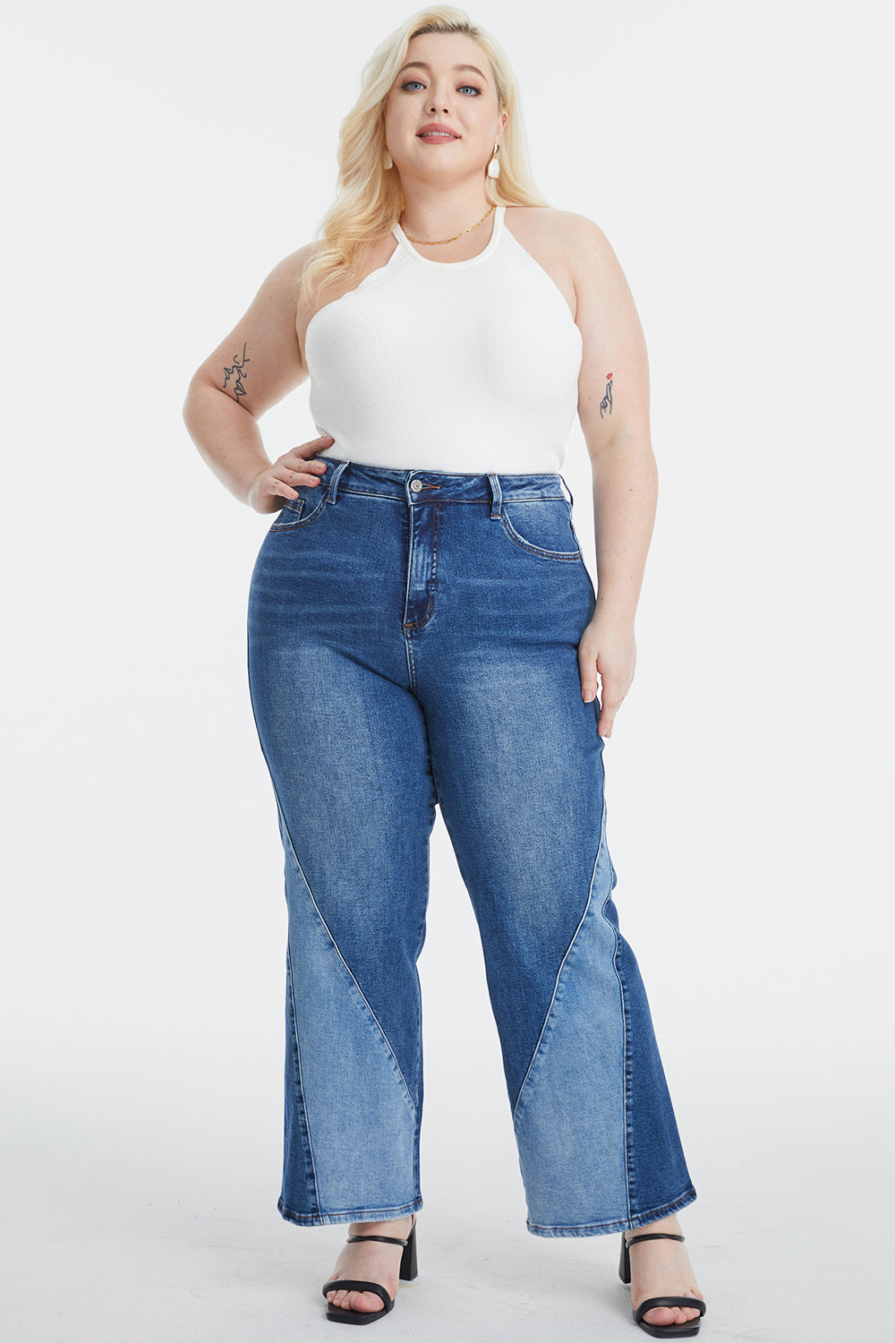 BAYEAS Full Size High Waist Two-Tones Patched Wide Leg Jeans - The Goddess Galleries