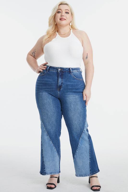 BAYEAS Full Size High Waist Two-Tones Patched Wide Leg Jeans - The Goddess Galleries