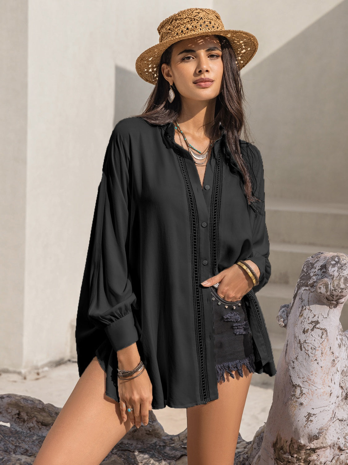 Openwork Button Up Long Sleeve Shirt - The Goddess Galleries