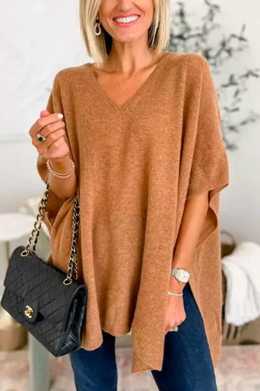 Slit V-Neck Half Sleeve Knit Top - The Goddess Galleries