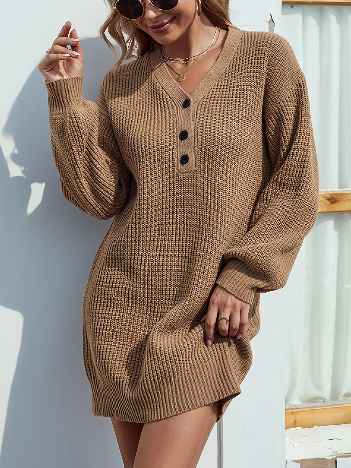 V-Neck Dropped Shoulder Mini Sweater Dress - The Goddess Galleries