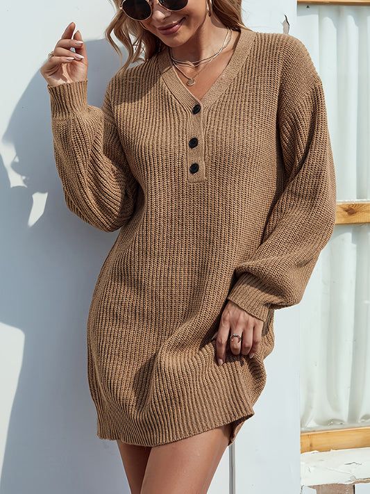 V-Neck Dropped Shoulder Mini Sweater Dress - The Goddess Galleries