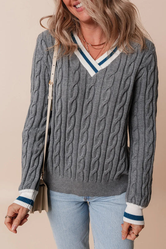 Cable-Knit V-Neck Long Sleeve Sweater - The Goddess Galleries