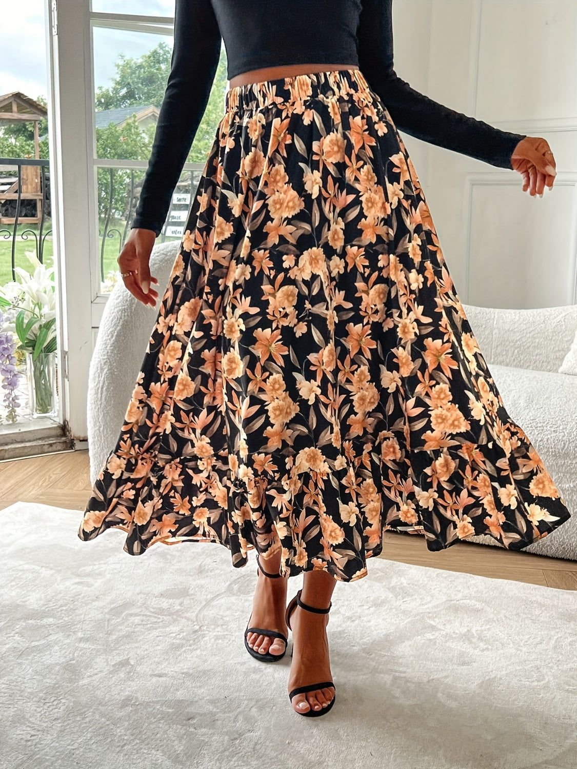 Floral Elastic Waist Midi Skirt - The Goddess Galleries
