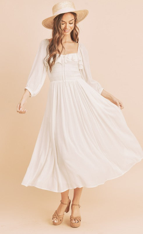 Aemi + Co Ruffled Smocked Square Neck Balloon Sleeve Dress - The Goddess Galleries