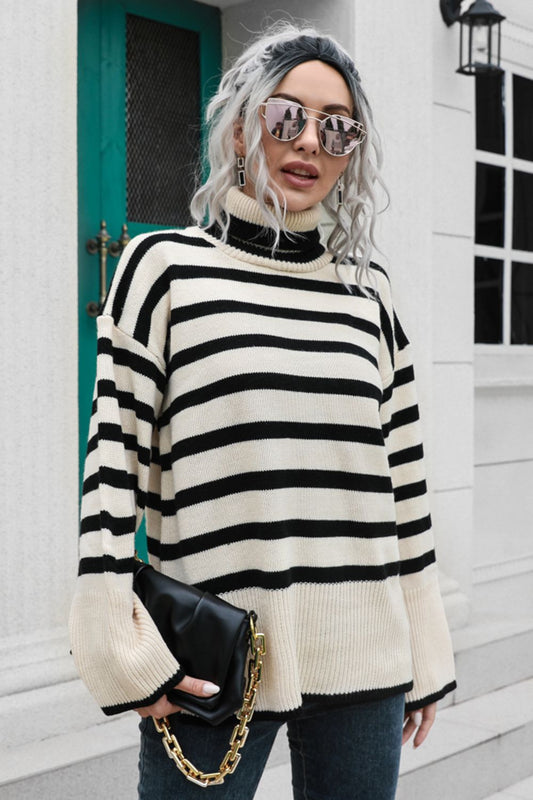 Striped Turtleneck Drop Shoulder Sweater - The Goddess Galleries