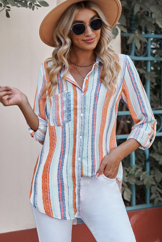 Striped Button-Up Curved Hem Shirt with Breast Pocket - The Goddess Galleries