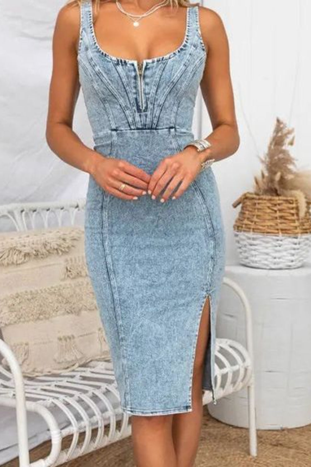 Side Slit Washed Scoop Neck Denim Dress - The Goddess Galleries