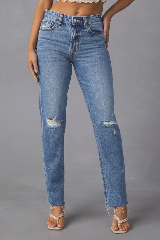 Distressed Raw Hem Straight Jeans with Pockets - The Goddess Galleries