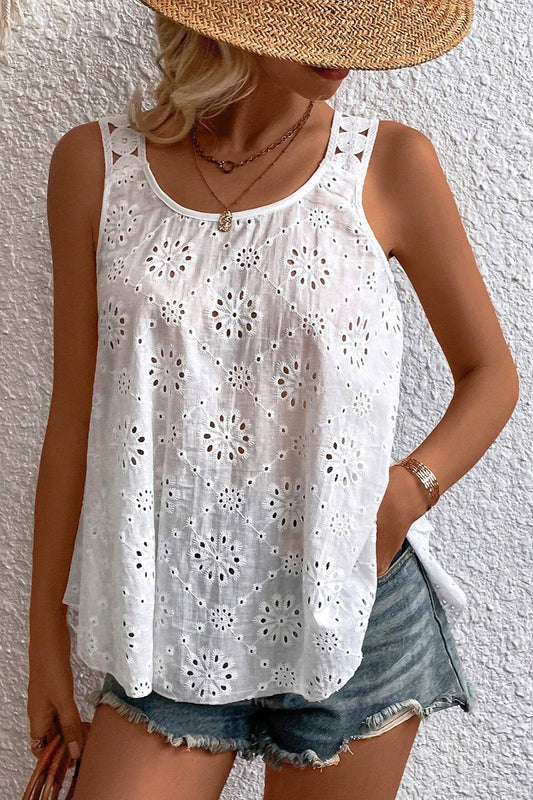 Eyelet Round Neck Wide Strap Tank - The Goddess Galleries