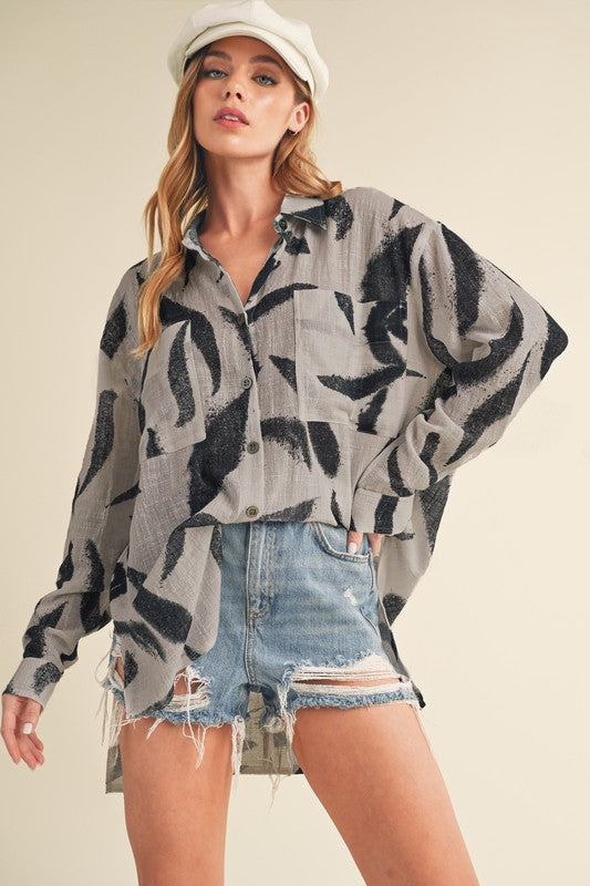 Aemi + Co High-Low Printed Button Up Long Sleeve Shirt - The Goddess Galleries