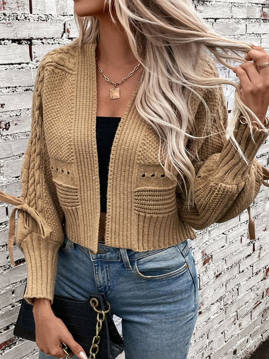 Cable-Knit Tied Open Front Lantern Sleeve Cardigan - The Goddess Galleries