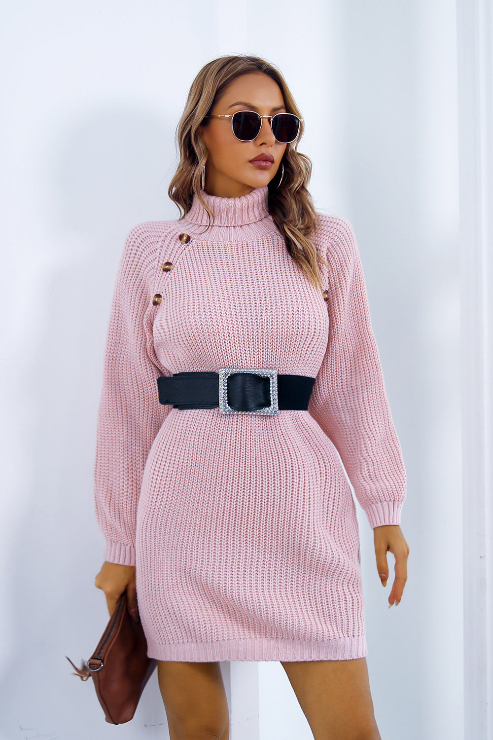Buttoned Turtleneck Long Sleeve Sweater Dress - The Goddess Galleries