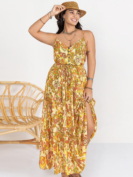 Plus Size Printed V-Neck Maxi Cami Dress - The Goddess Galleries