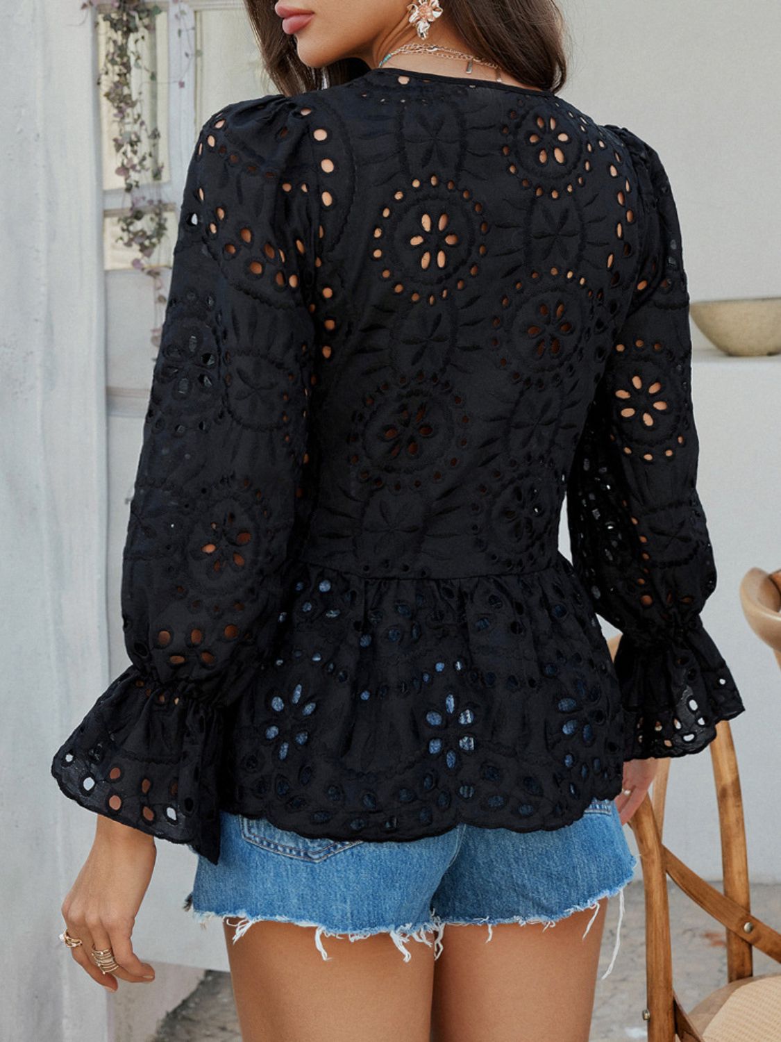 Devine Tie Front Flounce Sleeve Peplum Blouse - The Goddess Galleries