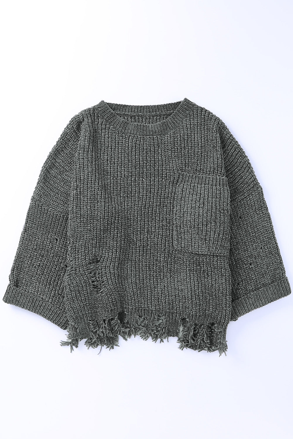 Distressed Round Neck Drop Shoulder Sweater - The Goddess Galleries