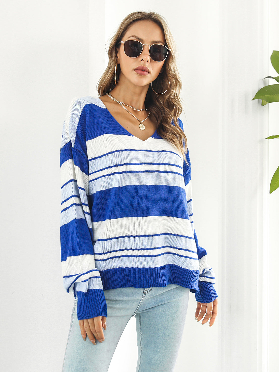 Striped V-Neck Long Sleeve Knit Top - The Goddess Galleries