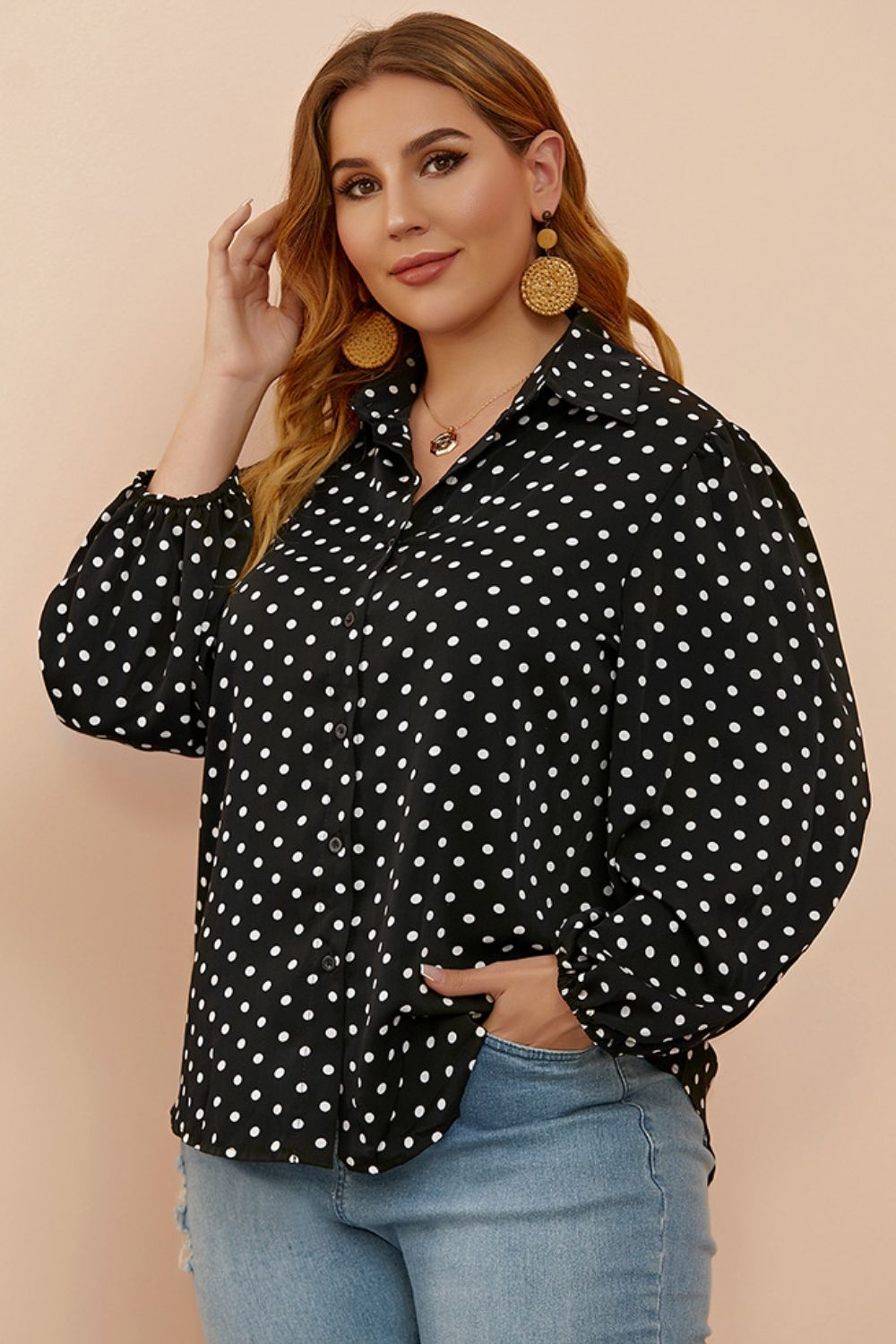 Plus Size Polka Dot Balloon Sleeve Shirt - The Goddess Galleries