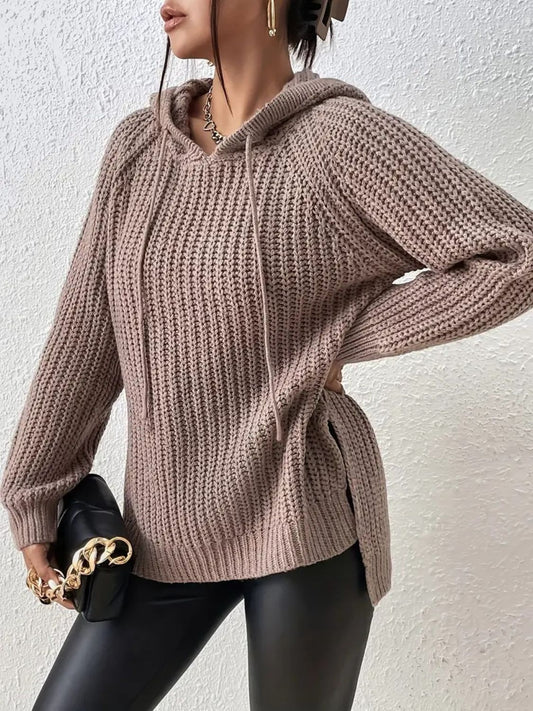 High-Low Side Slit Drawstring Long Sleeve Hooded Sweater - The Goddess Galleries