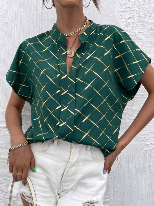 Printed Notched Short Sleeve Blouse - The Goddess Galleries