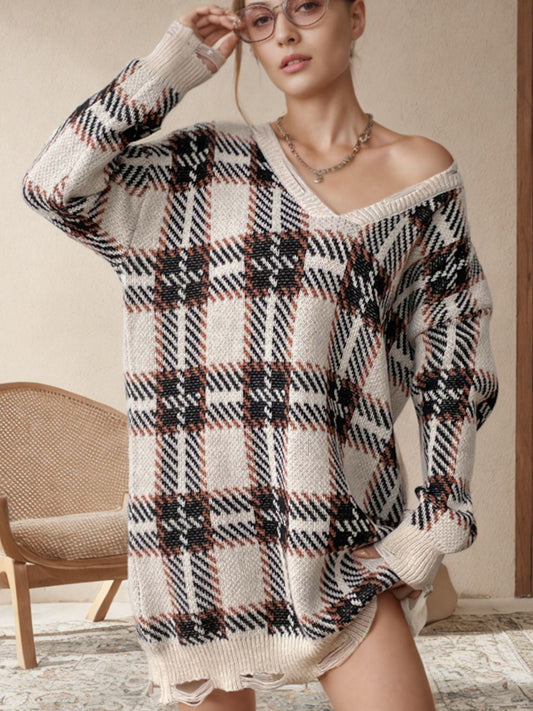 Distressed Plaid V-Neck Long Sleeve Sweater Dress - The Goddess Galleries