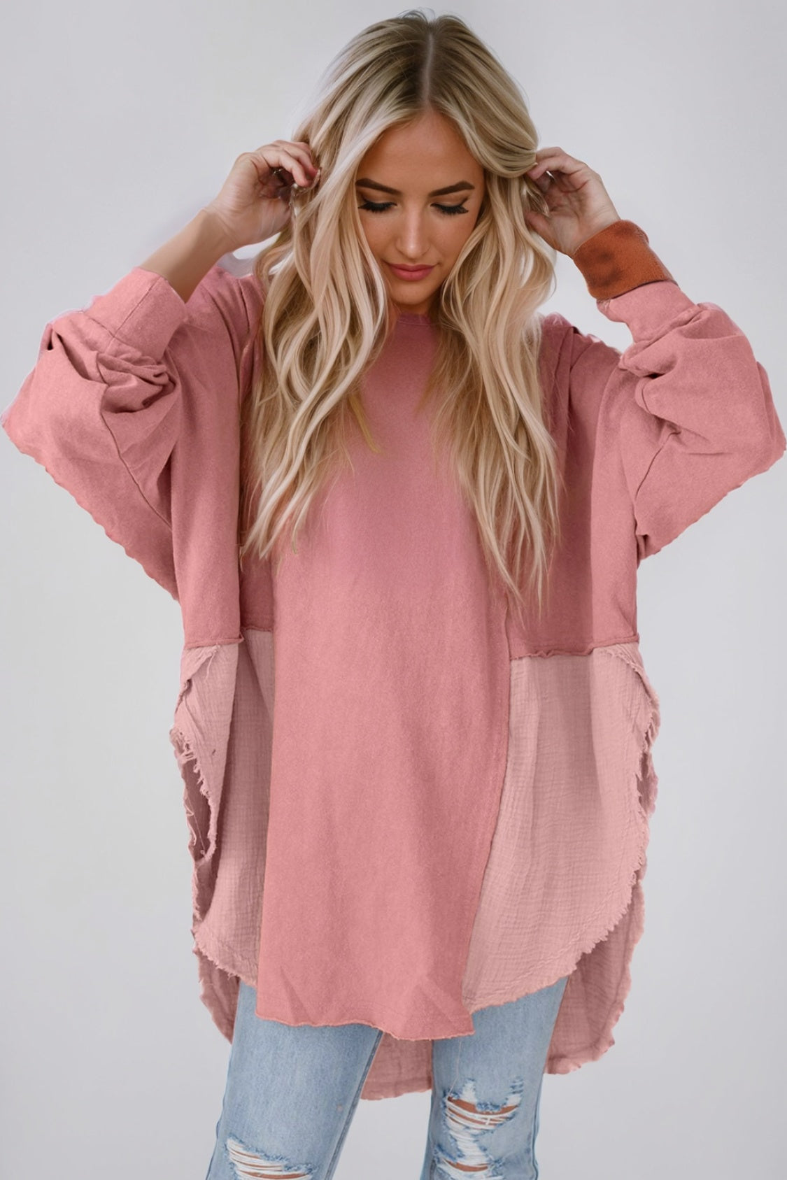Contrast Texture Round Neck Long Sleeve Blouse - The Goddess Galleries