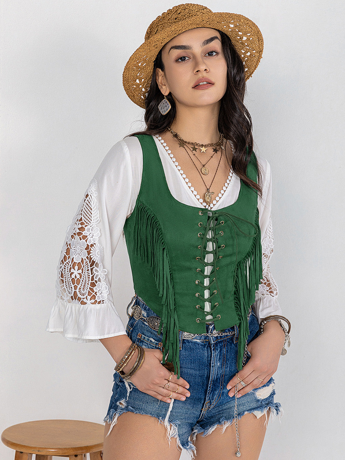 Fringe Lace-Up Wide Strap Tank - The Goddess Galleries