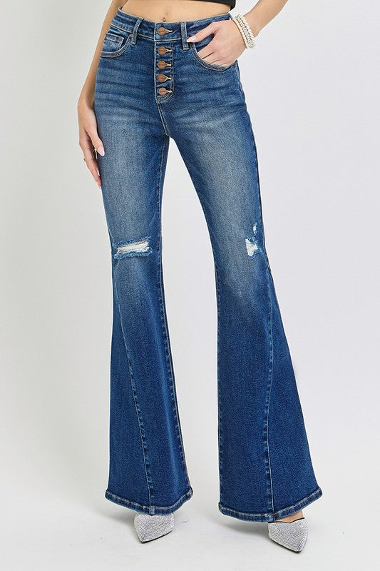 RISEN Distressed Button-Fly Flare Jeans - The Goddess Galleries
