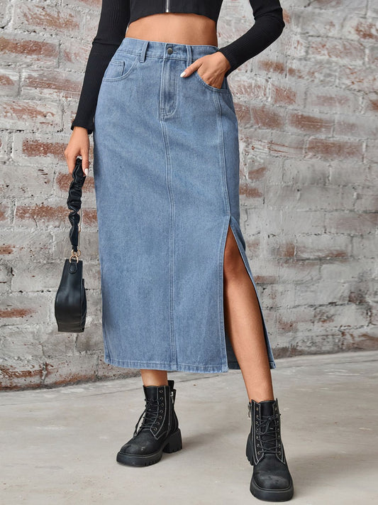 Slit High Waist Denim Skirt with Pockets - The Goddess Galleries