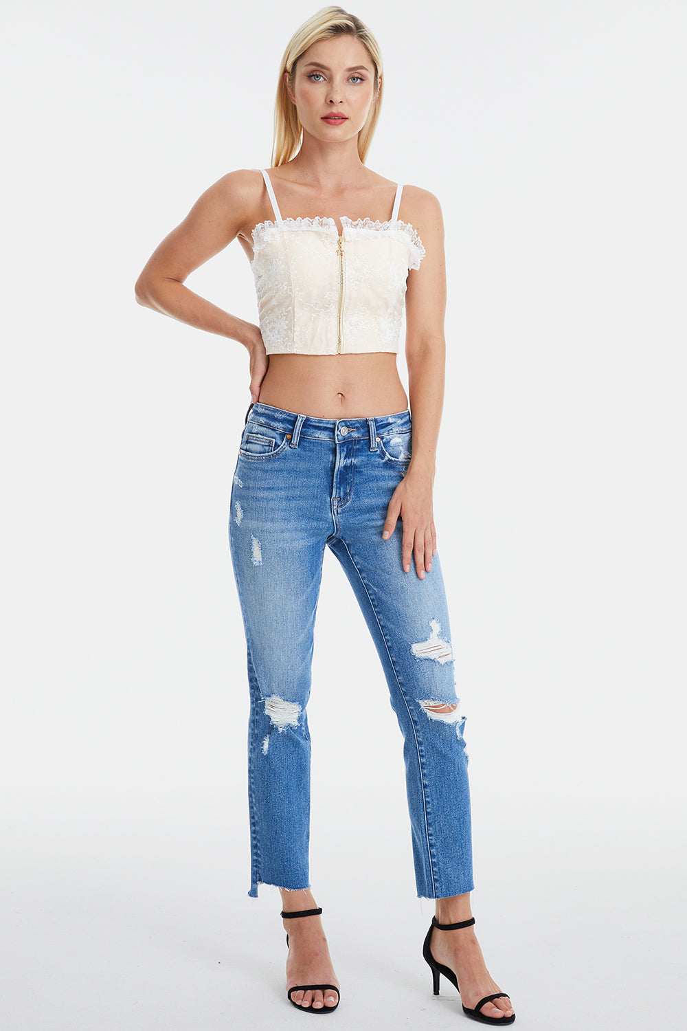 BAYEAS Full Size Mid Waist Distressed Ripped Straight Jeans - The Goddess Galleries