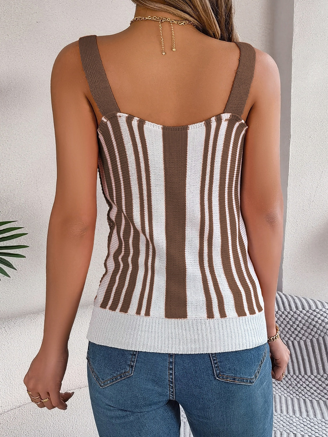 Openwork Striped V-Neck Tank - The Goddess Galleries