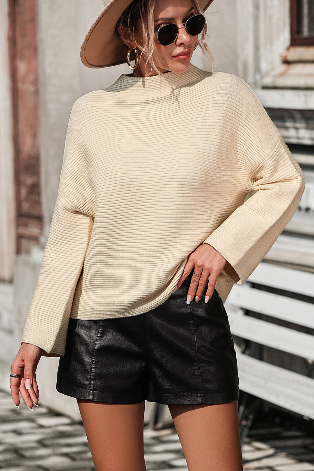 Mock Neck Dropped Shoulder Pullover Sweater - The Goddess Galleries